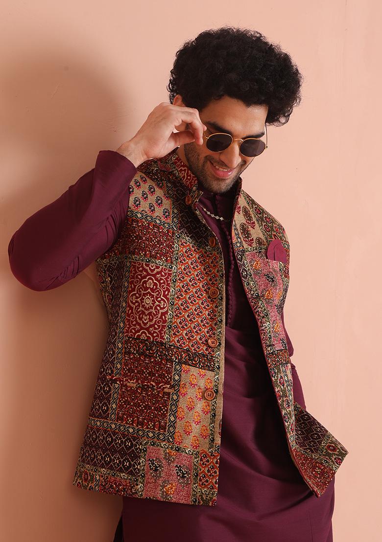 Multi Colour Printed Silk Nehru Jacket Set For Men