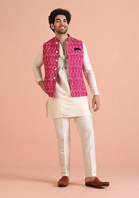 Pink Printed Cotton Nehru Jacket Set For Men