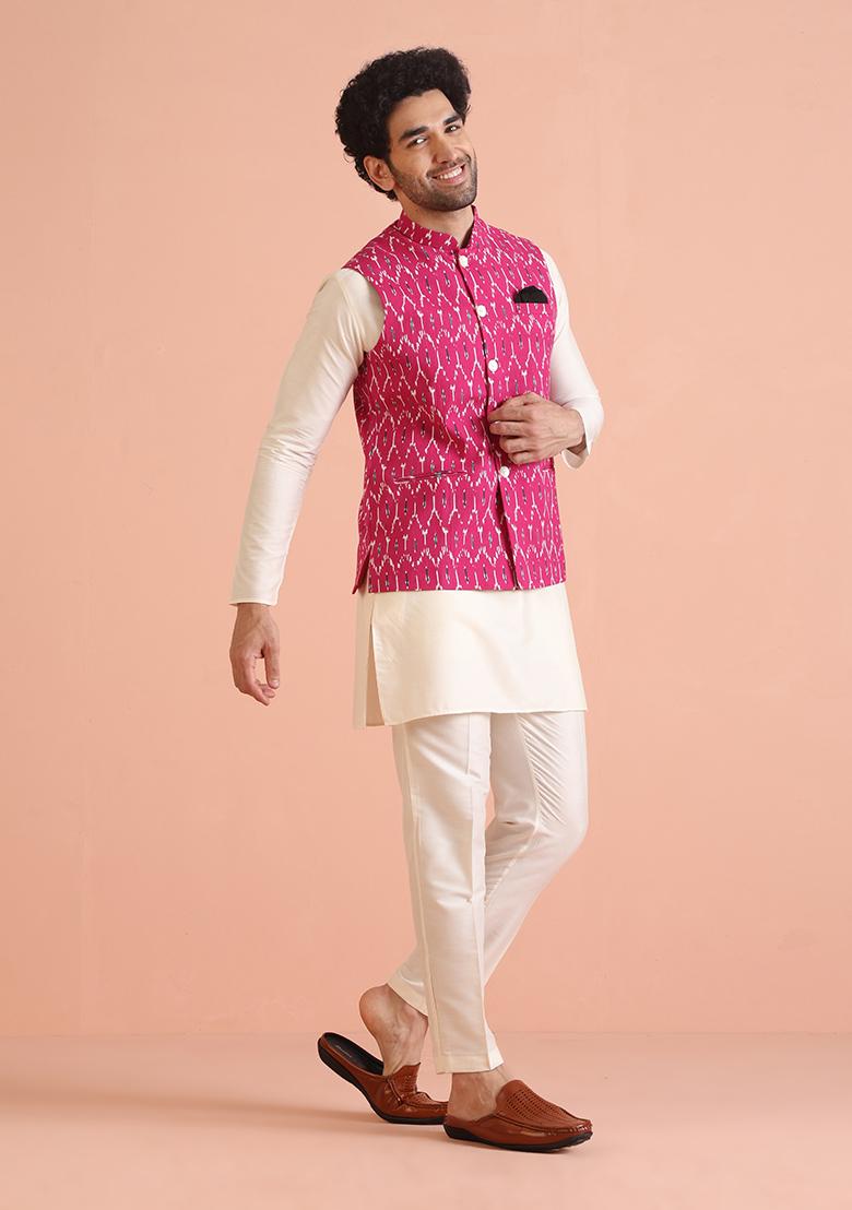 Pink Printed Cotton Nehru Jacket Set For Men