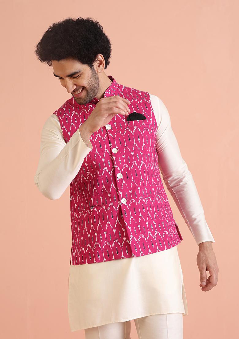 Pink Printed Cotton Nehru Jacket Set For Men