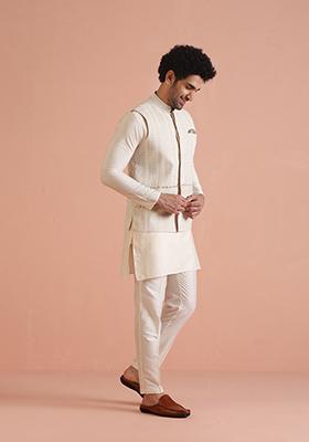 Beige Printed Cotton Nehru Jacket Set For Men