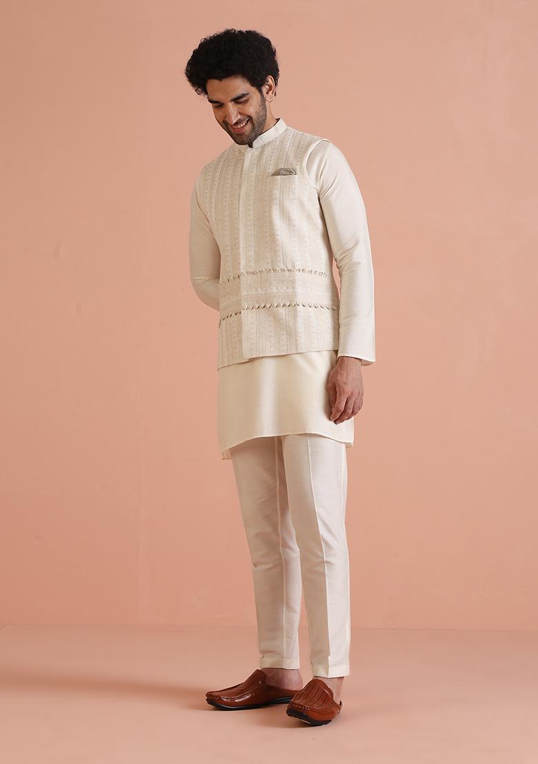 Beige Printed Cotton Nehru Jacket Set For Men