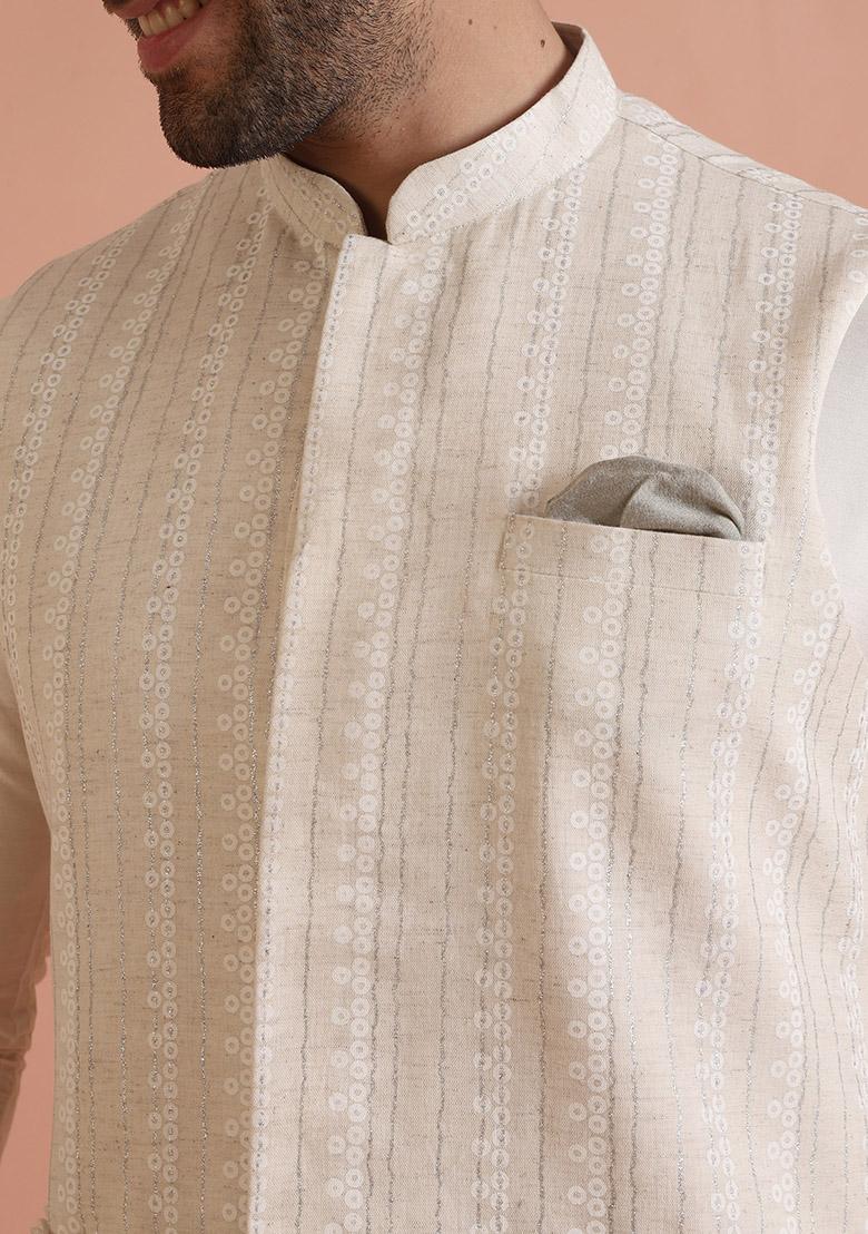 Beige Printed Cotton Nehru Jacket Set For Men