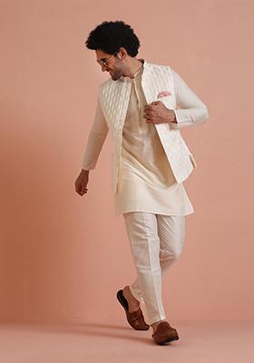 White Embroidered Silk Nehru Jacket Set For Men