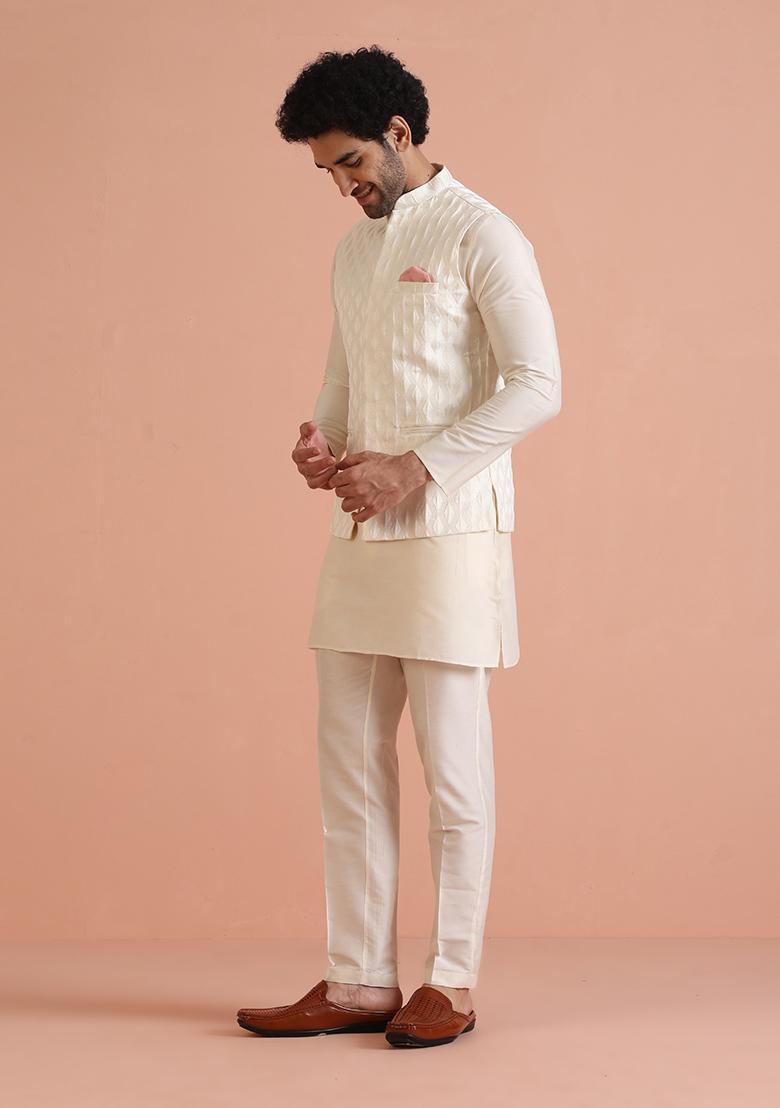 White Embroidered Silk Nehru Jacket Set For Men
