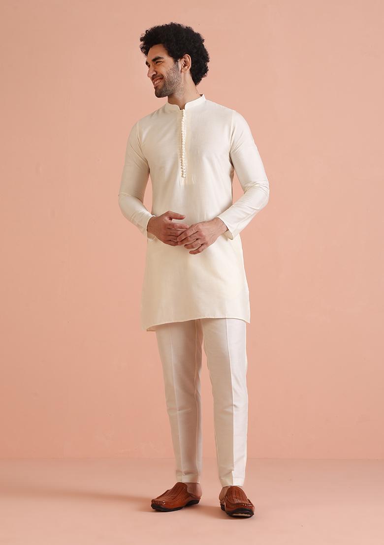 White Embroidered Silk Nehru Jacket Set For Men