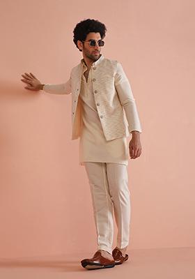 White Embroidered Cotton Nehru Jacket Set For Men