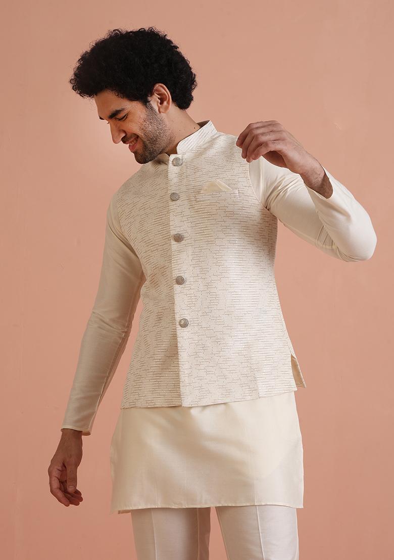 White Embroidered Cotton Nehru Jacket Set For Men