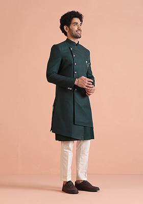 Green Solid Cotton Indo Western Sherwani Set For Men