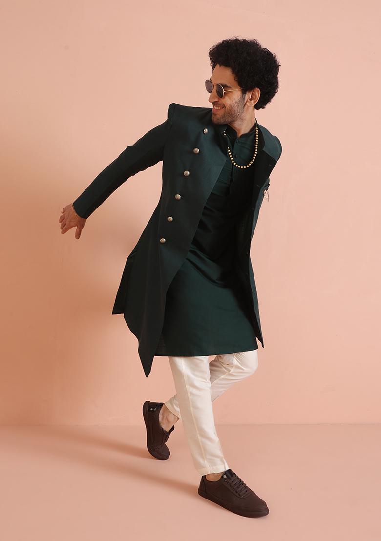 Green Solid Cotton Indo Western Sherwani Set For Men