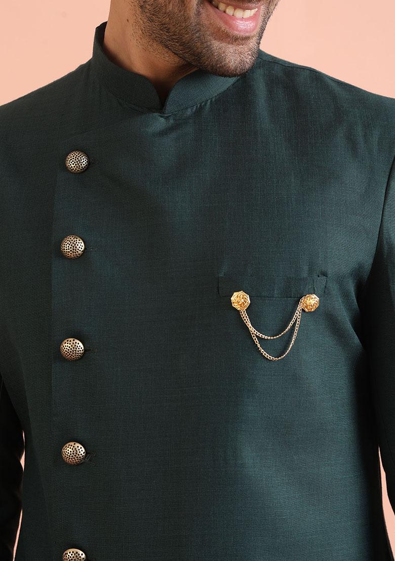 Green Solid Cotton Indo Western Sherwani Set For Men