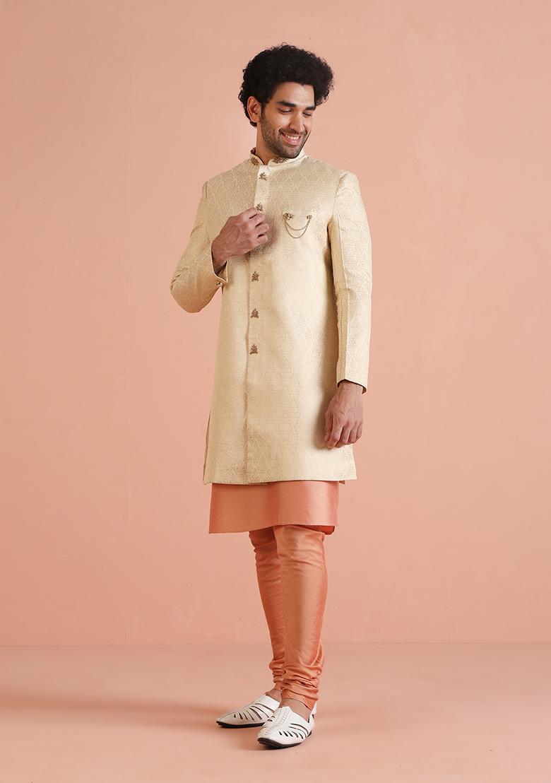 Cream Embroidered Silk Indo Western Sherwani Set For Men