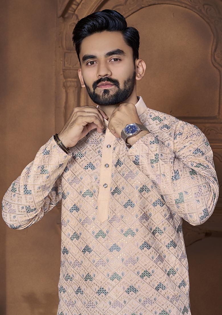 Multi Colour Printed Cotton Nehru Jacket Set For Men