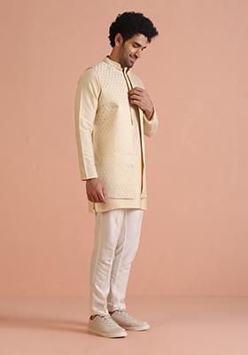 Cream Embroidered Silk Nehru Jacket Set For Men