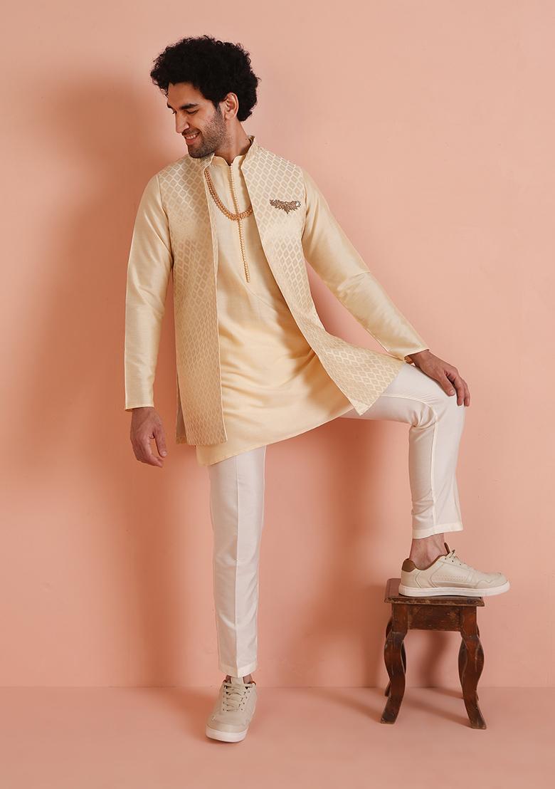 Cream Embroidered Silk Nehru Jacket Set For Men