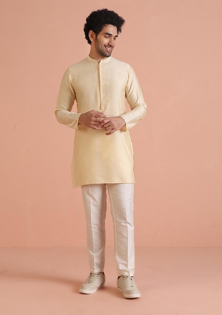 Cream Embroidered Silk Nehru Jacket Set For Men