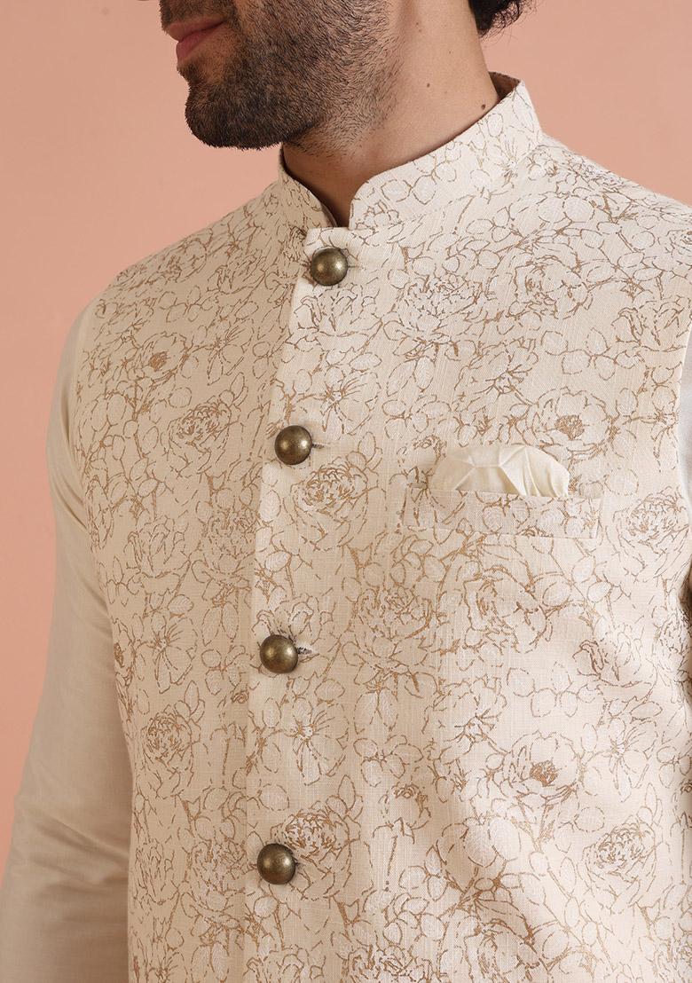 Off White Foil Print Cotton Nehru Jacket Set For Men