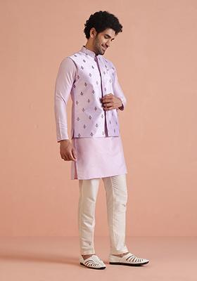 Lavender Embroidered Silk Nehru Jacket Set For Men