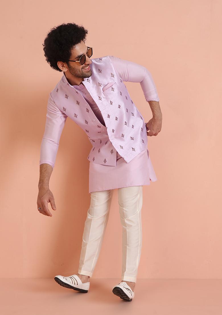 Lavender Embroidered Silk Nehru Jacket Set For Men