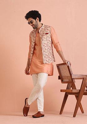 Multi Colour Printed Cotton Nehru Jacket Set For Men