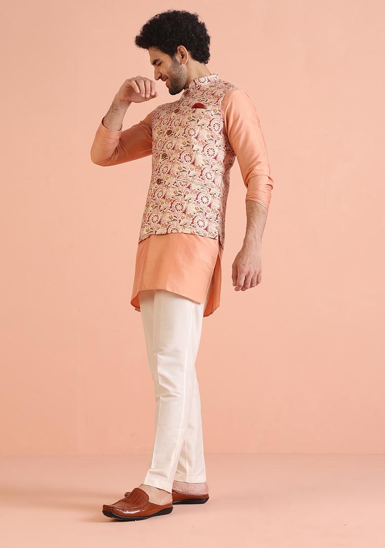 Multi Colour Printed Cotton Nehru Jacket Set For Men