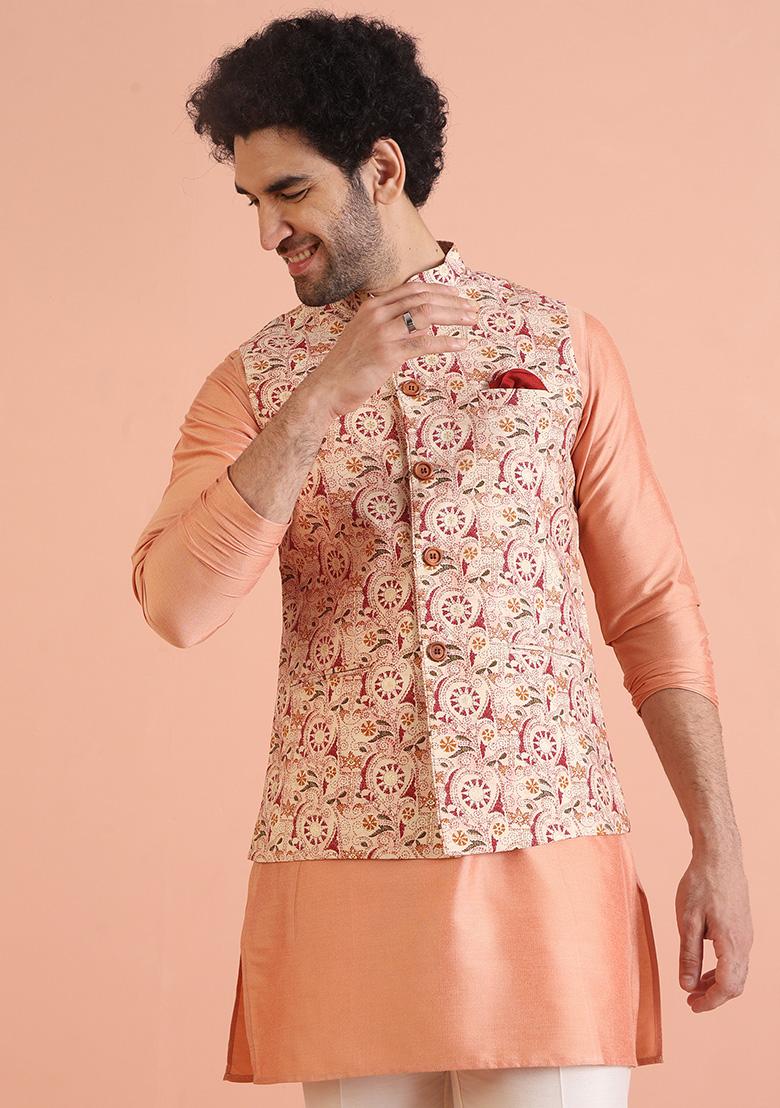 Multi Colour Printed Cotton Nehru Jacket Set For Men