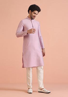 Onion Pink Solid Solid Kurta Set For Men