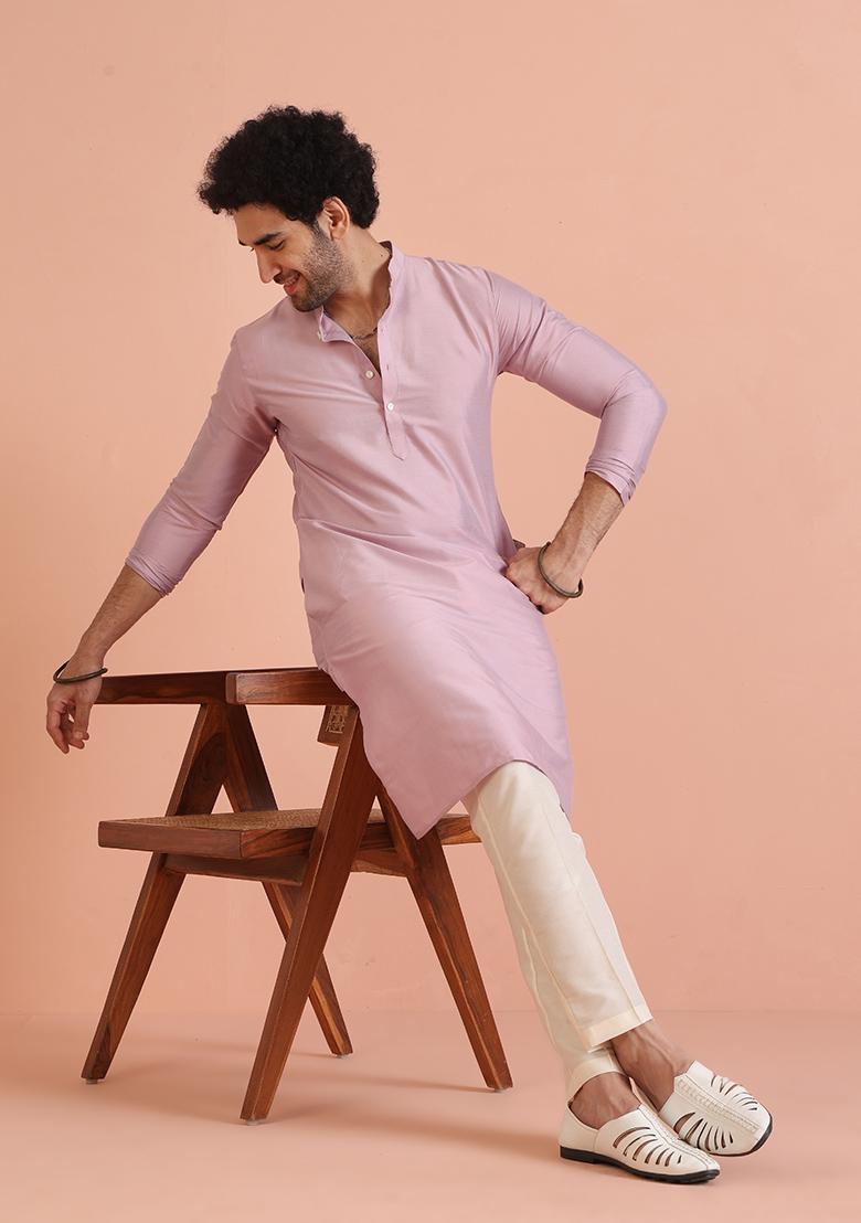 Onion Pink Solid Solid Kurta Set For Men