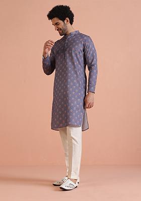 Grey Digital Print Cotton Kurta Set For Men