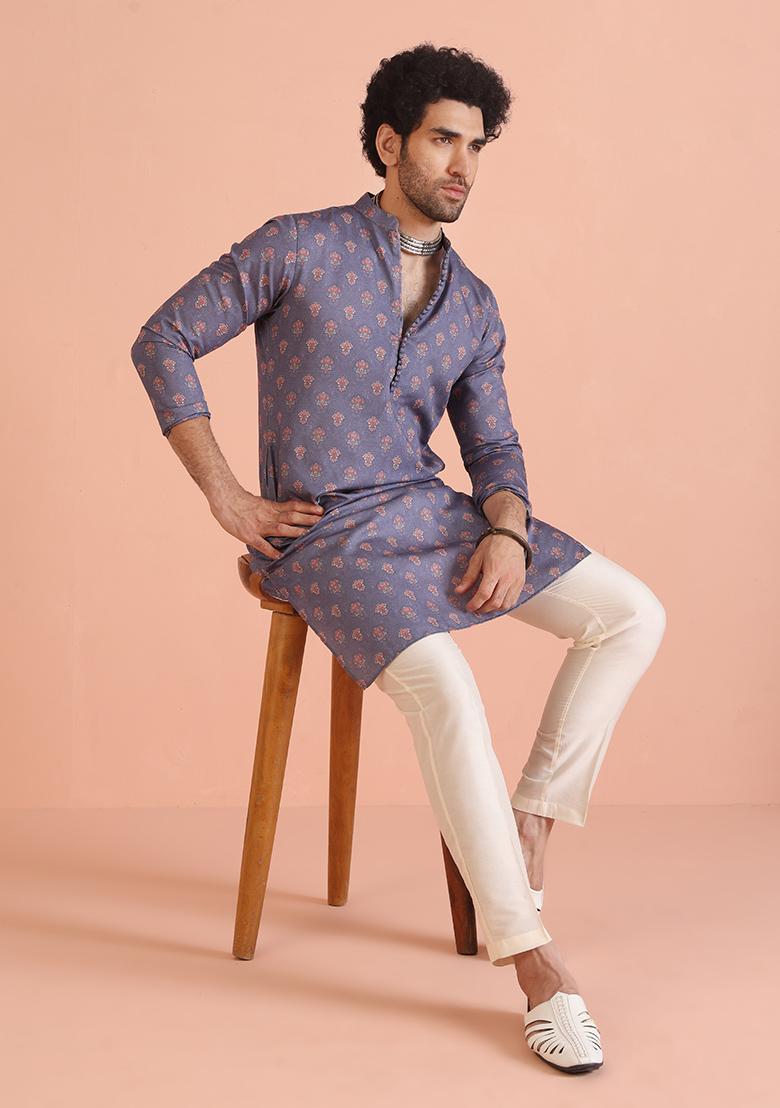 Grey Digital Print Cotton Kurta Set For Men