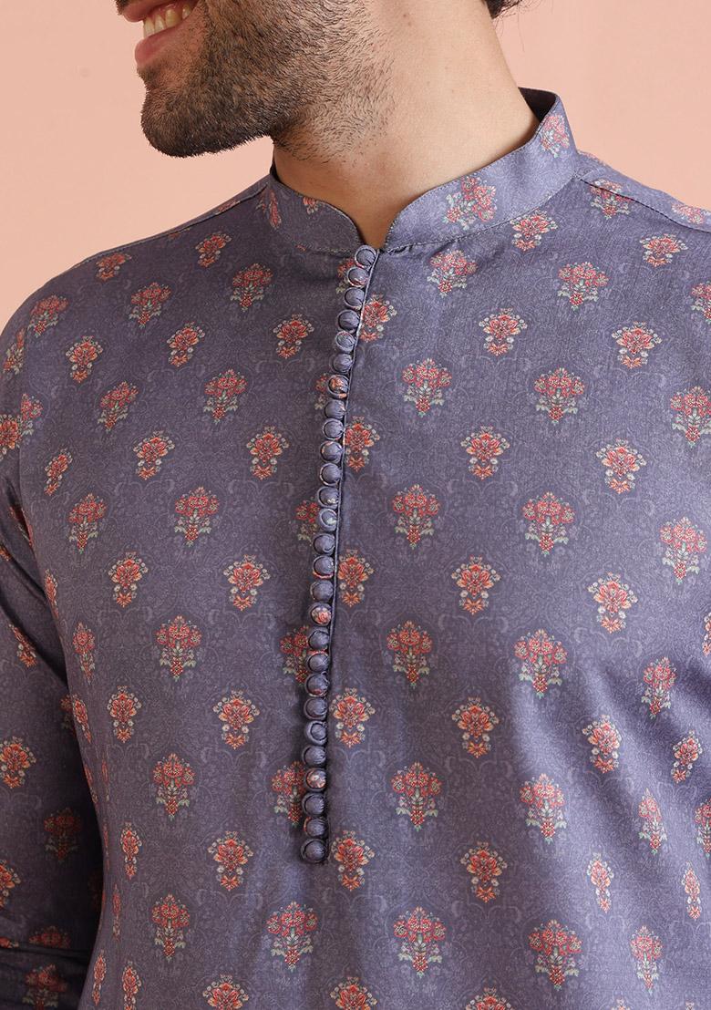 Grey Digital Print Cotton Kurta Set For Men