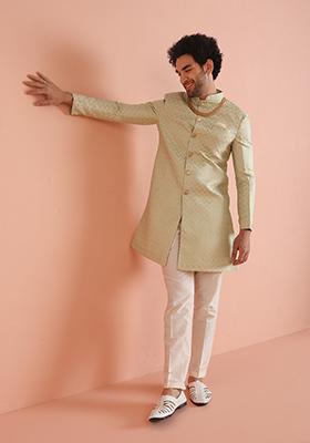 Green Embroidered Jacquard Indo Western Sherwani Set For Men
