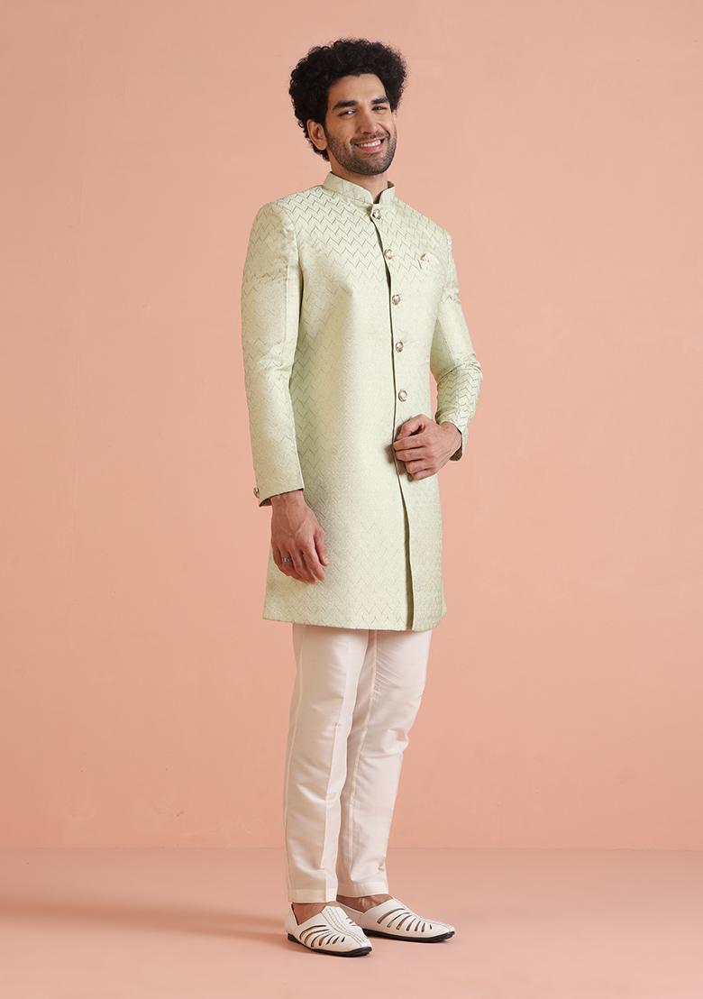 Green Embroidered Jacquard Indo Western Sherwani Set For Men