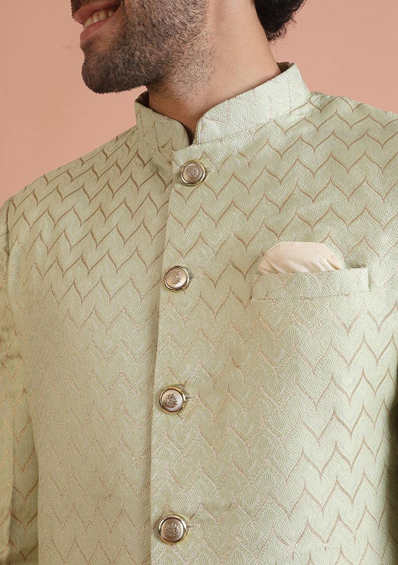 Green Embroidered Jacquard Indo Western Sherwani Set For Men