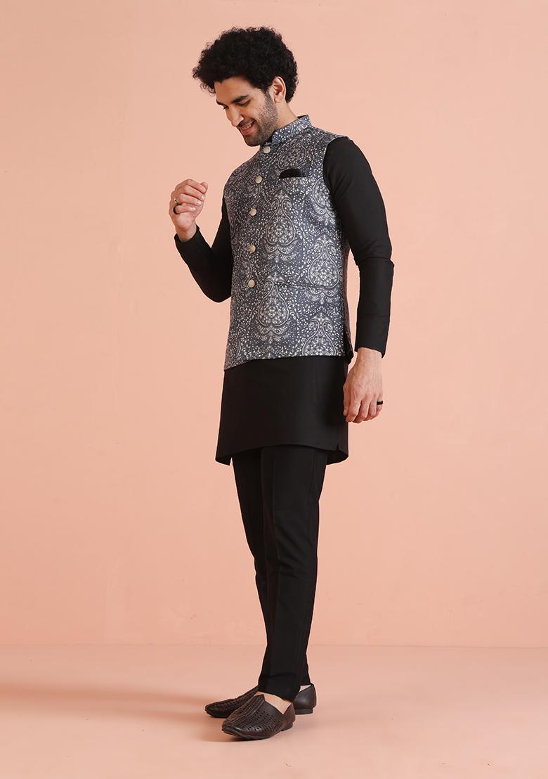 Black Digital Print Cotton Nehru Jacket Set For Men