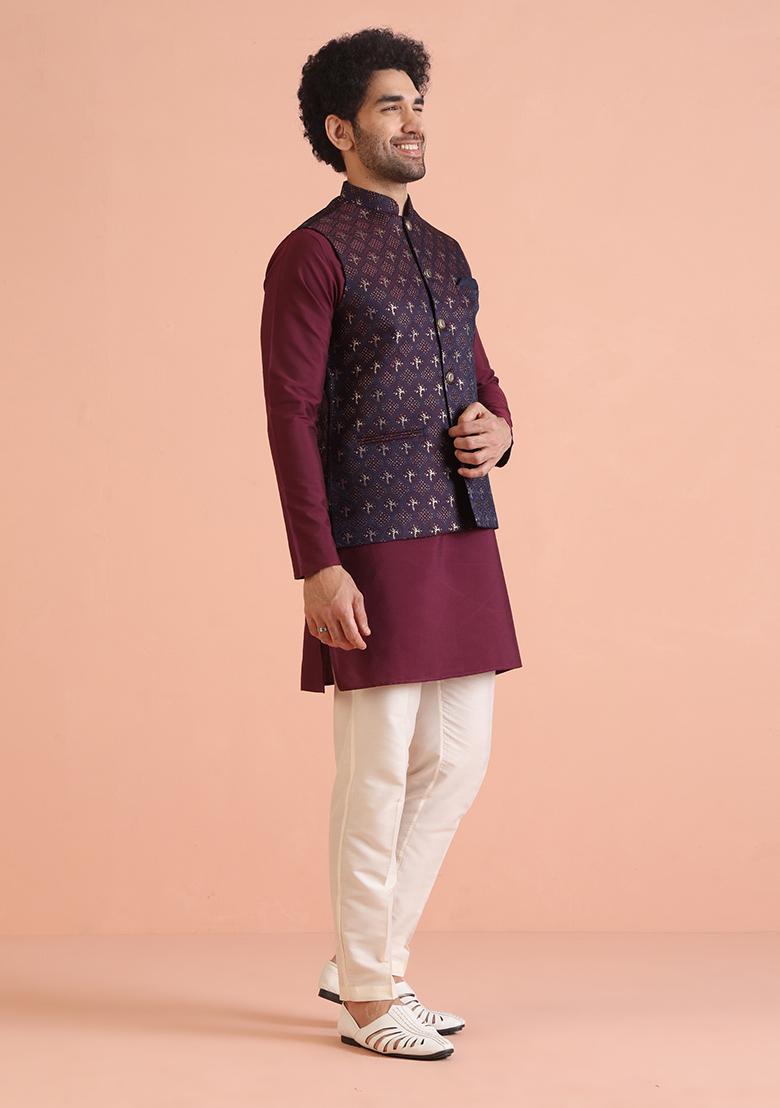 Navy Blue Embroidered Jacquard Nehru Jacket Set For Men