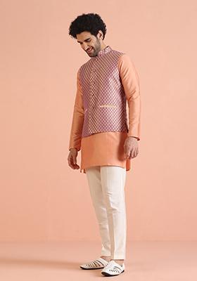 Purple Embroidered Jacquard Nehru Jacket Set For Men