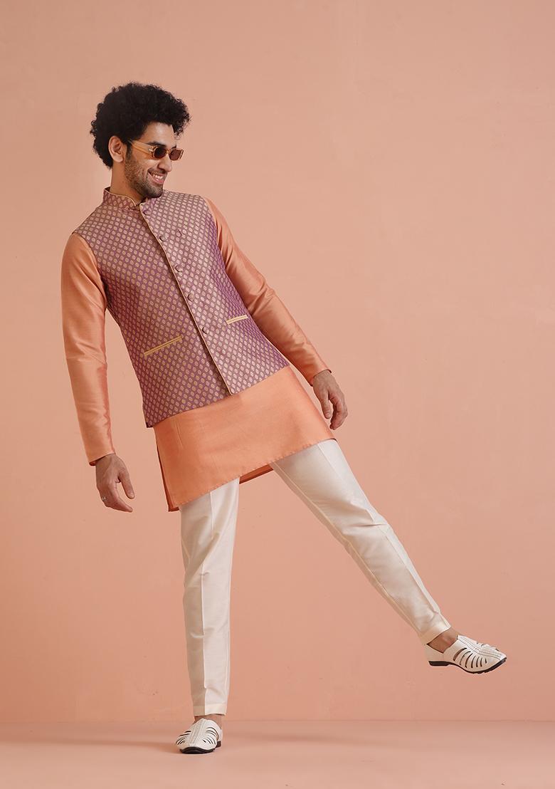 Purple Embroidered Jacquard Nehru Jacket Set For Men