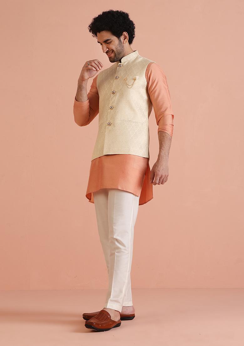Cream Embroidered Jacquard Nehru Jacket Set For Men