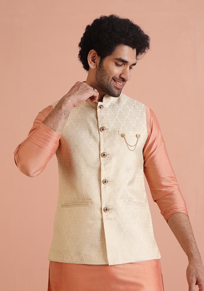 Cream Embroidered Jacquard Nehru Jacket Set For Men