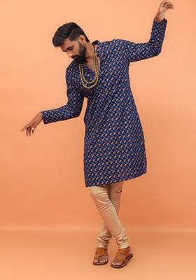 Navy Blue Printed Cotton Kurta Set For Men