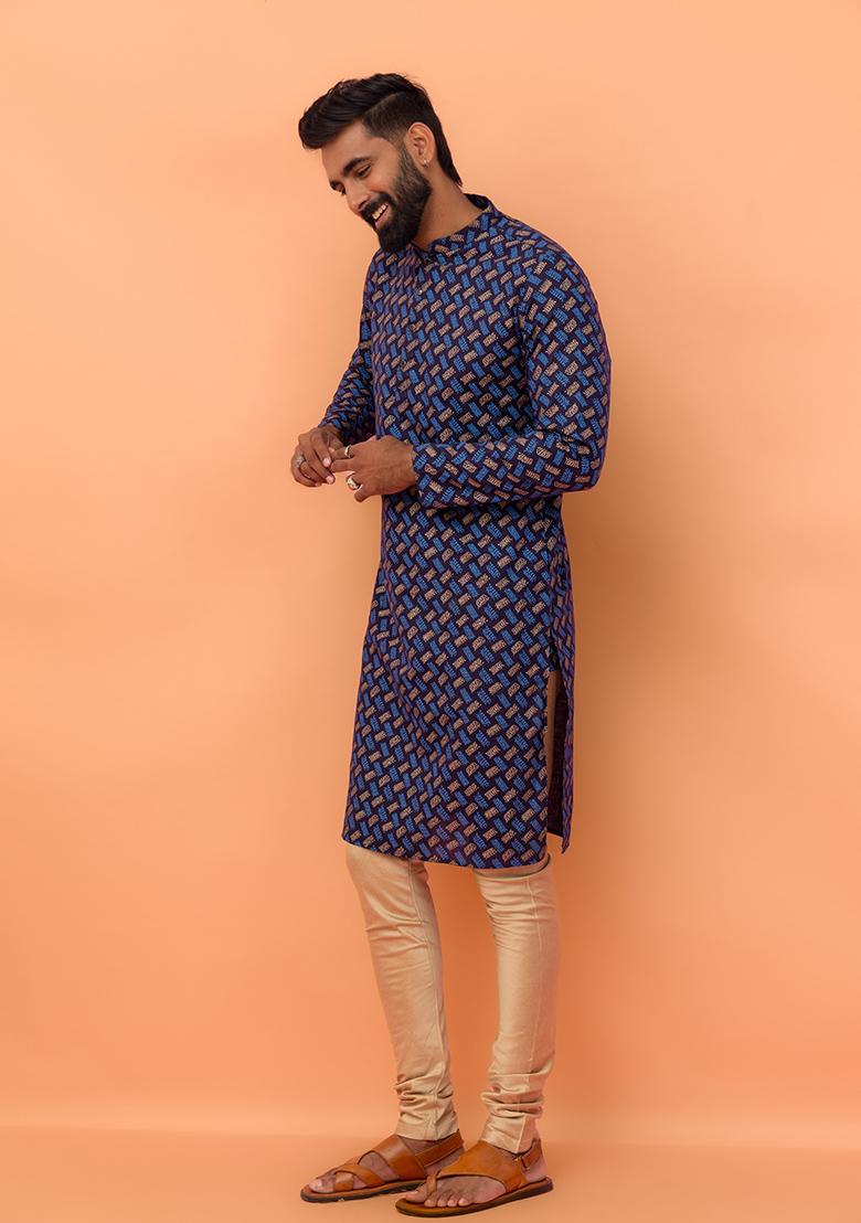 Navy Blue Printed Cotton Kurta Set For Men