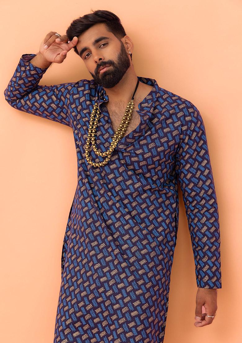 Navy Blue Printed Cotton Kurta Set For Men