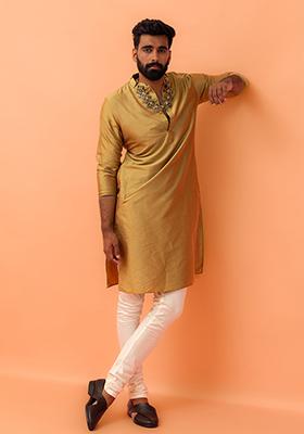 Green Solid Cotton Kurta Set For Men