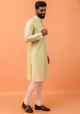Green Solid Cotton Kurta Set For Men