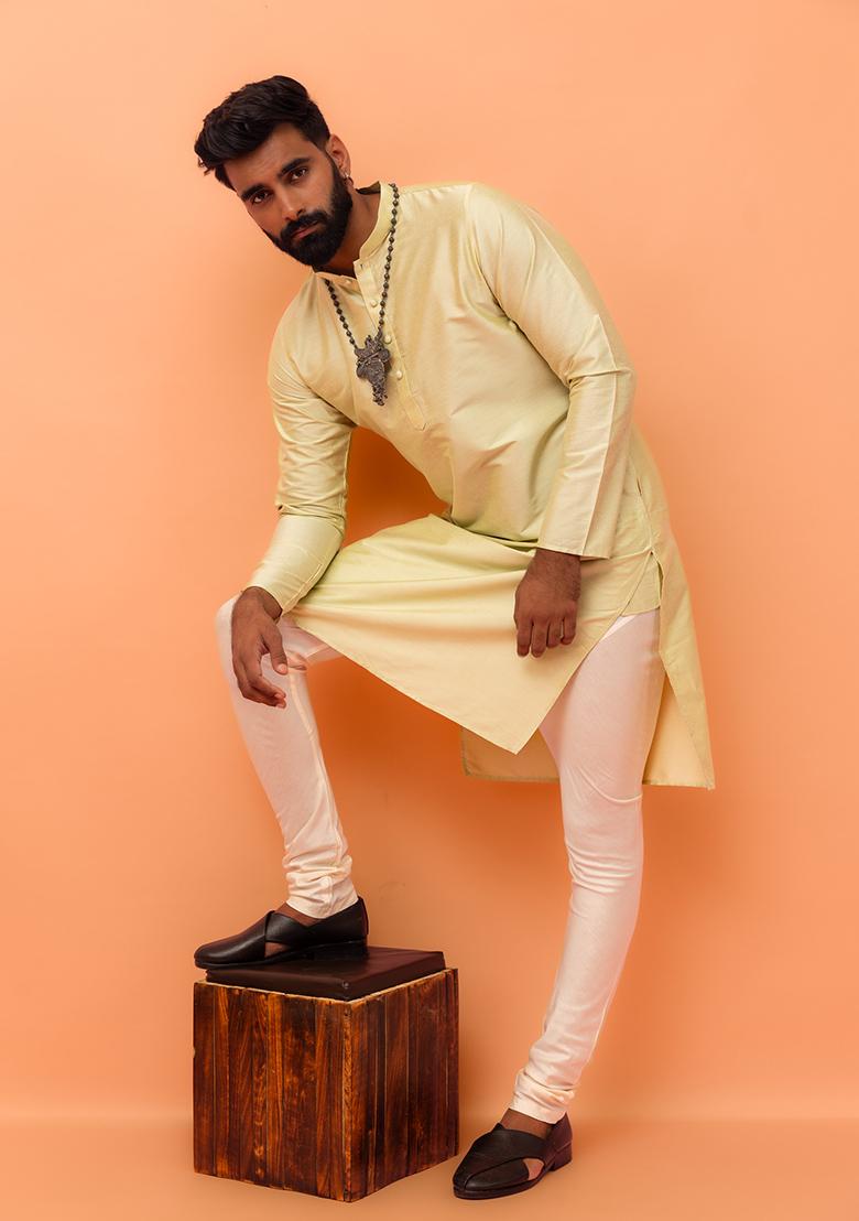 Green Solid Cotton Kurta Set For Men