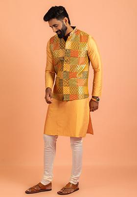 Multi Colour Printed Silk Nehru Jacket Set For Men