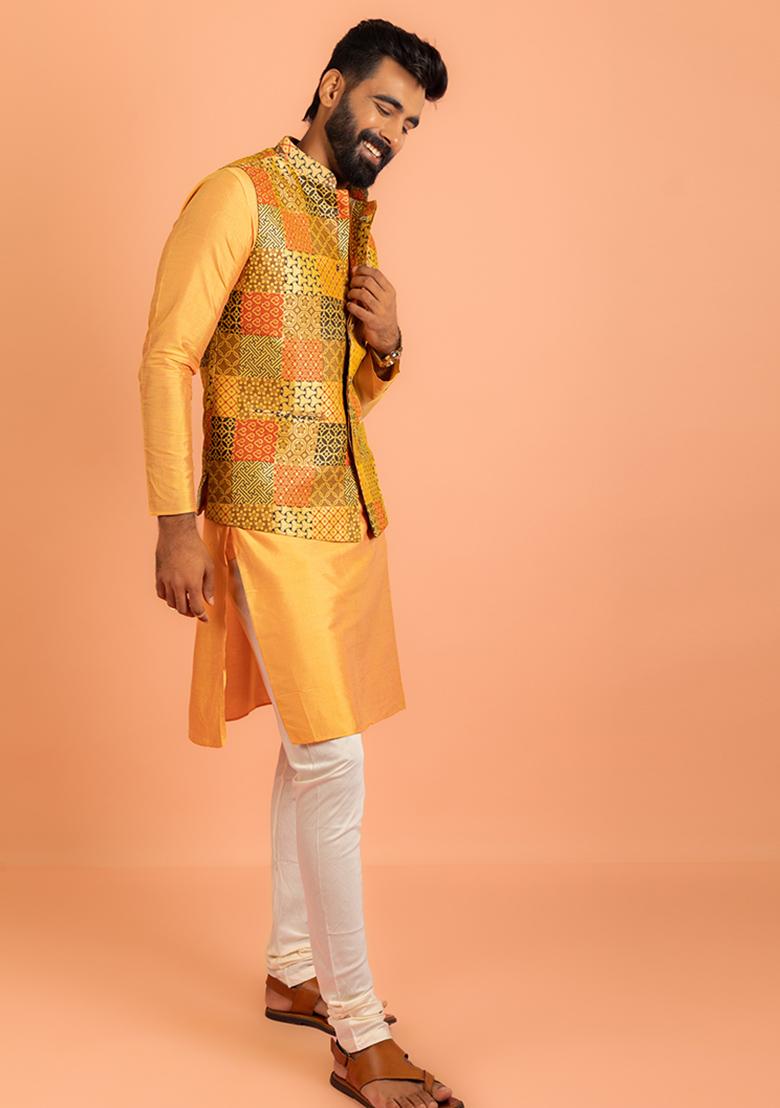 Multi Colour Printed Silk Nehru Jacket Set For Men
