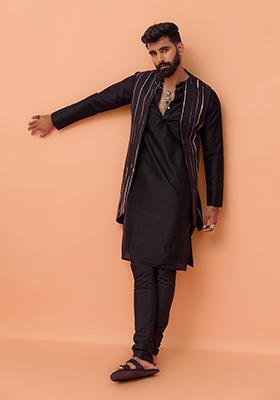 Black Printed Cotton Nehru Jacket Set For Men