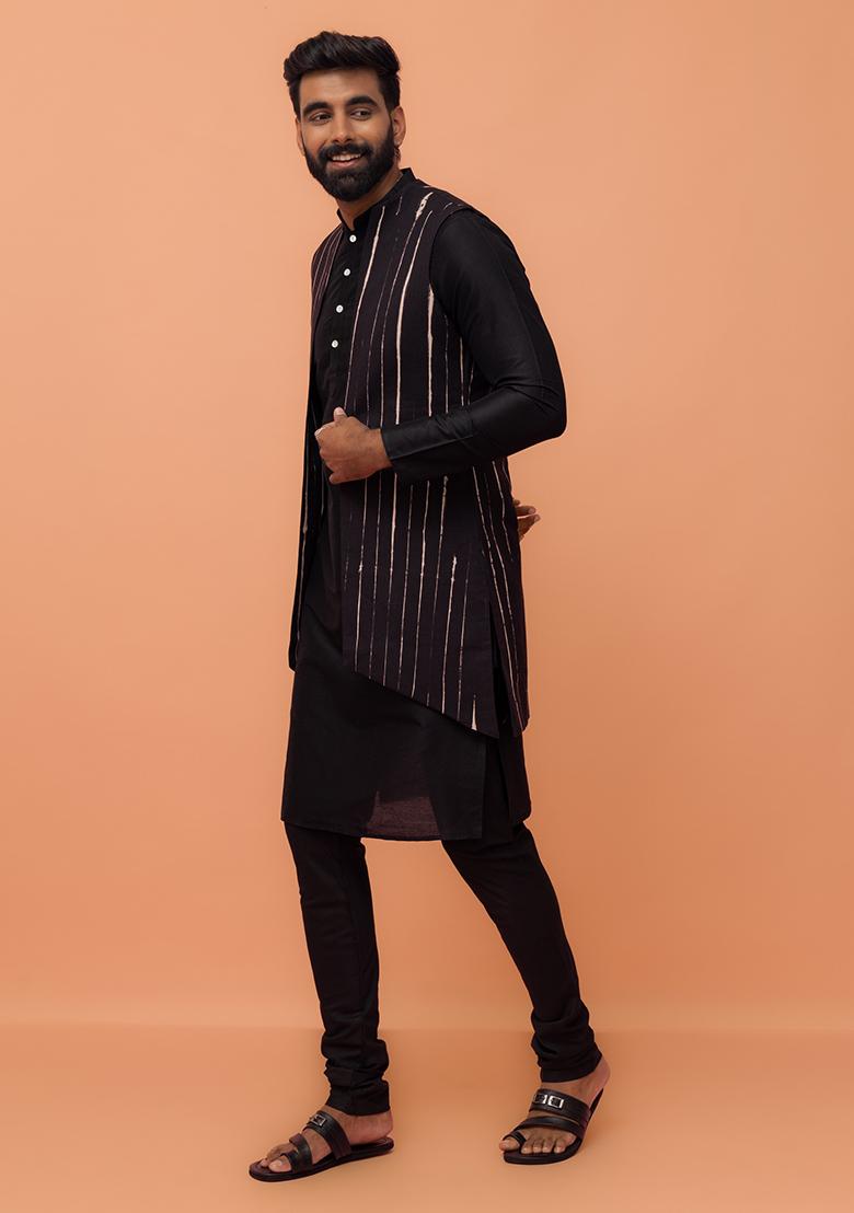 Black Printed Cotton Nehru Jacket Set For Men